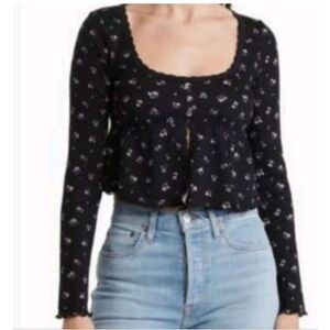 Kirious Black Floral Peplum Button Front Long Sleeve Top Size X-Large
